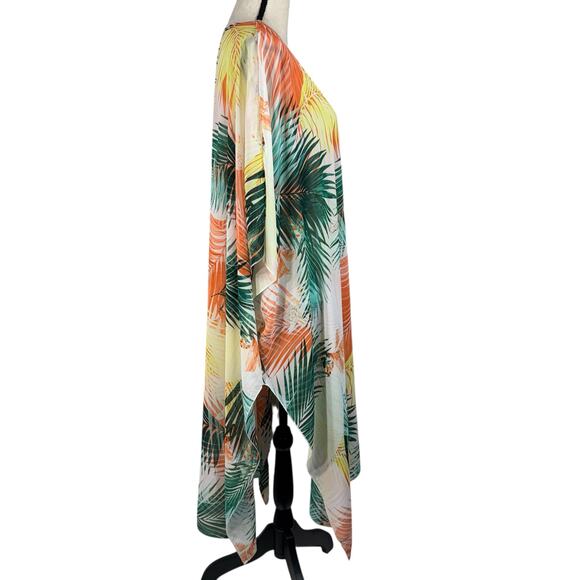Forever 21 Contemporary Medium Midi Kimono Leaf Print Open Front Semi-Sheer Slit - Picture 4 of 8